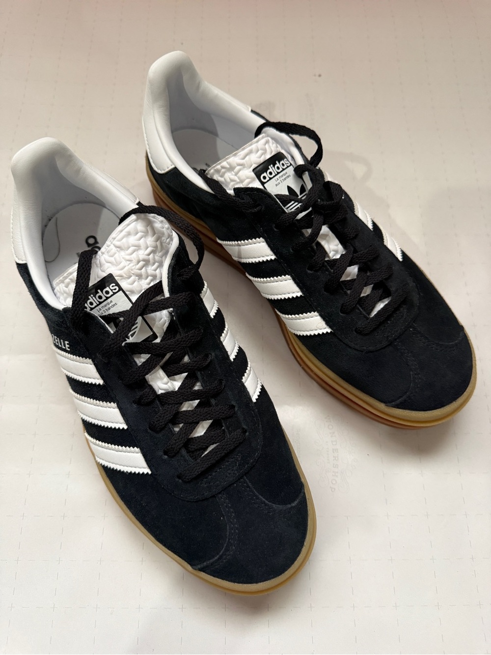adidas bold Gazelle Black Suede Sneakers with White Stripes and Gum Sole - Picture 2 of 3